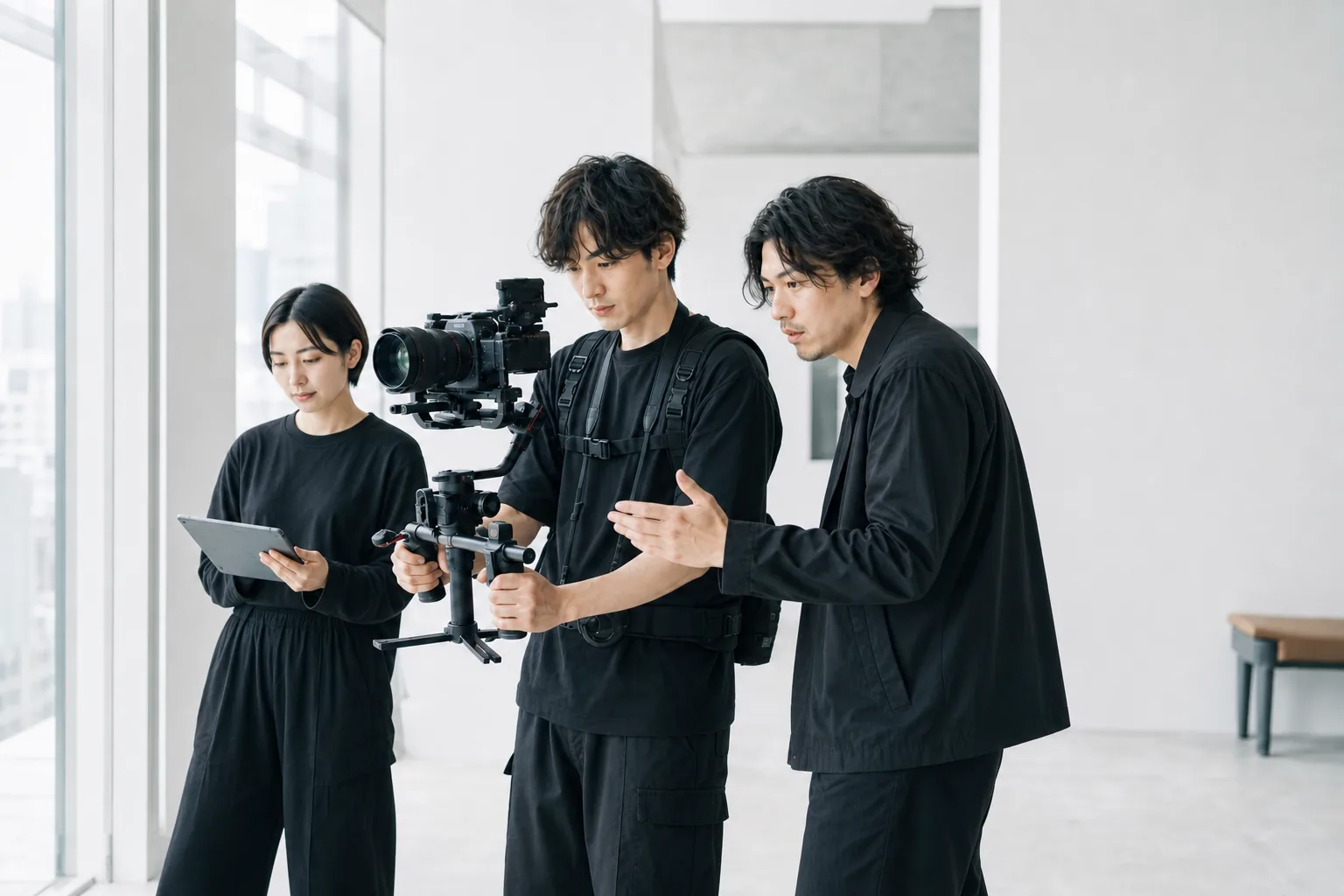 明るい撮影現場で映像制作を進めるチーム